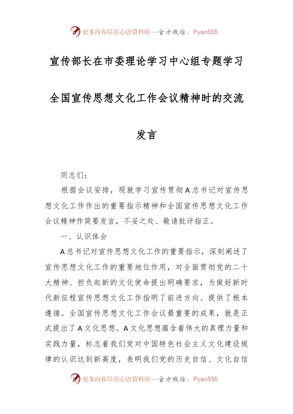 宣传部长在市委理论学习中心组专题学习全国宣传思想文化工作会议精神时的交流发言.docx_第1页