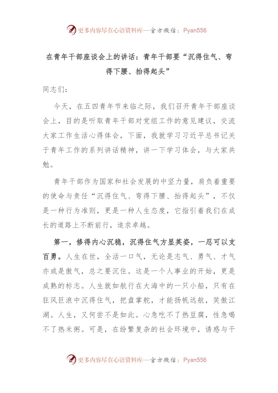 在青年干部座谈会上的讲话：青年干部要“沉得住气、弯得下腰、抬得起头”.docx_第1页