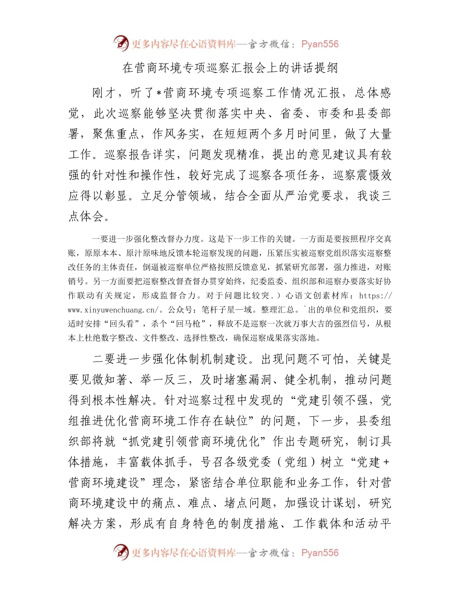 在营商环境专项巡察汇报会上的讲话提纲.docx_第1页
