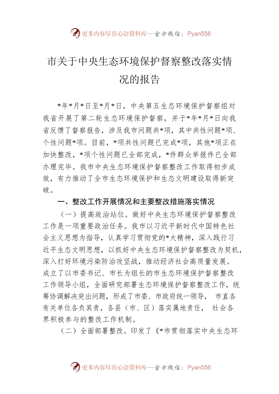 市关于中央生态环境保护督察整改落实情况的报告.docx_第1页