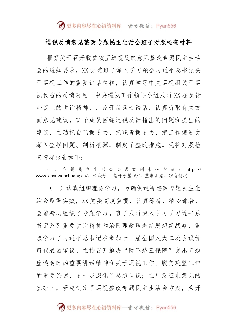 巡视反馈意见整改专题民主生活会班子对照检查材料.docx_第1页