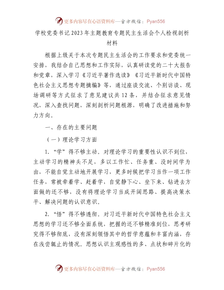 学校党委书记2023年主题教育专题民主生活会个人检视剖析材料.docx_第1页