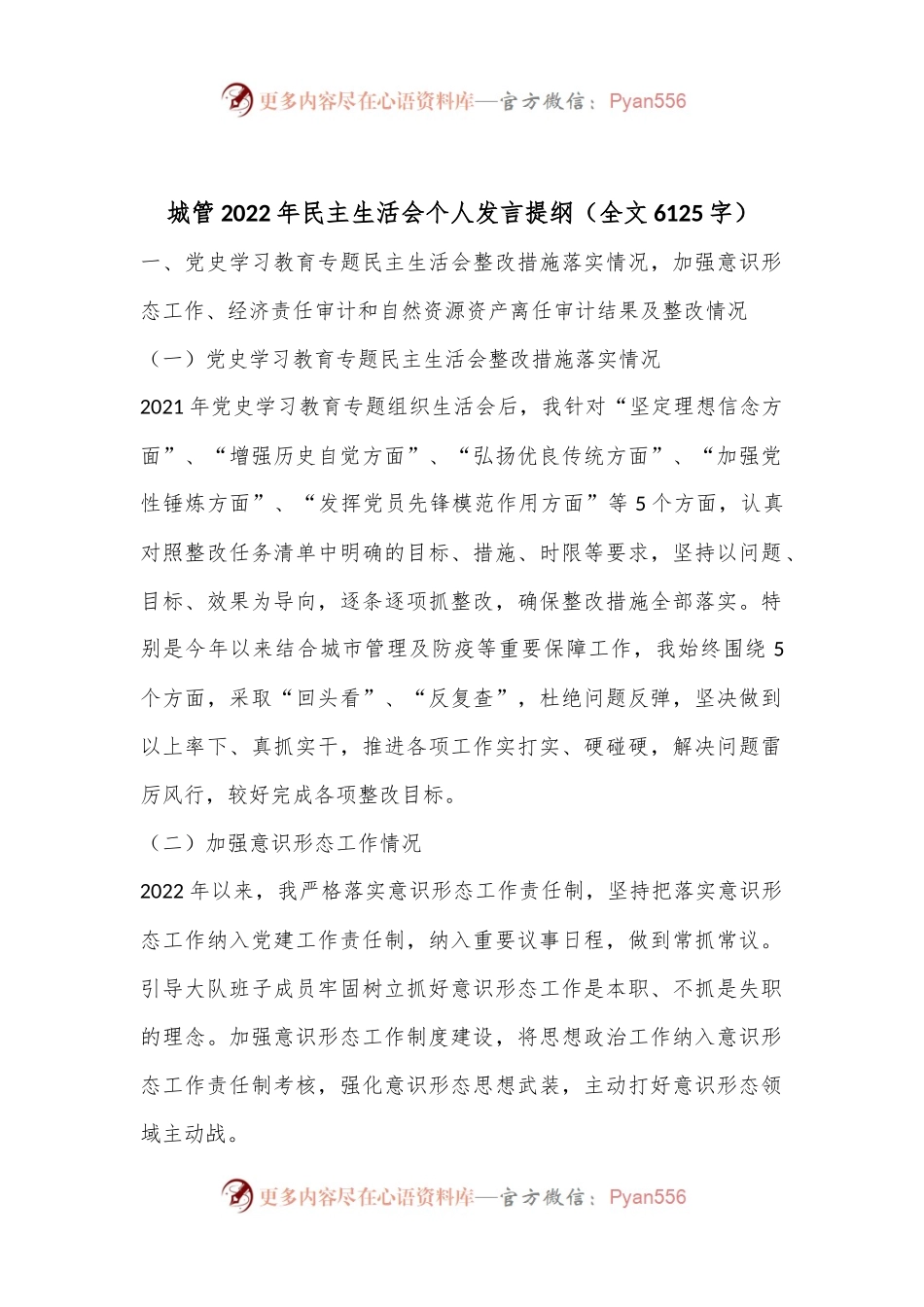 城管2022年民主生活会个人发言提纲（全文6125字）.docx_第1页