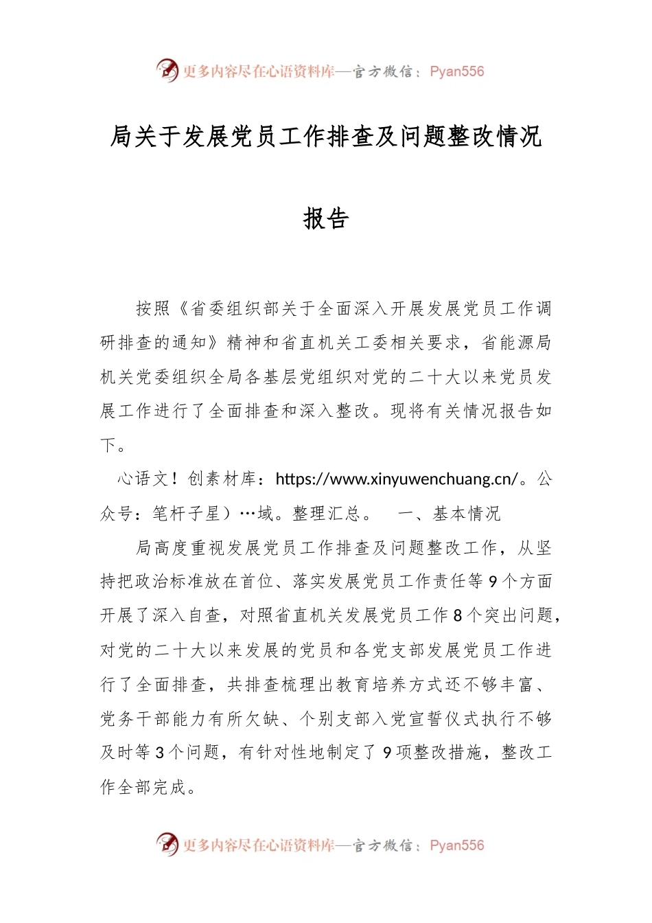 局关于发展党员工作排查及问题整改情况报告.docx_第1页