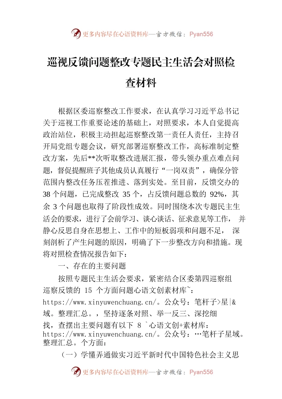 巡视反馈问题整改专题民主生活会对照检查材料.docx_第1页
