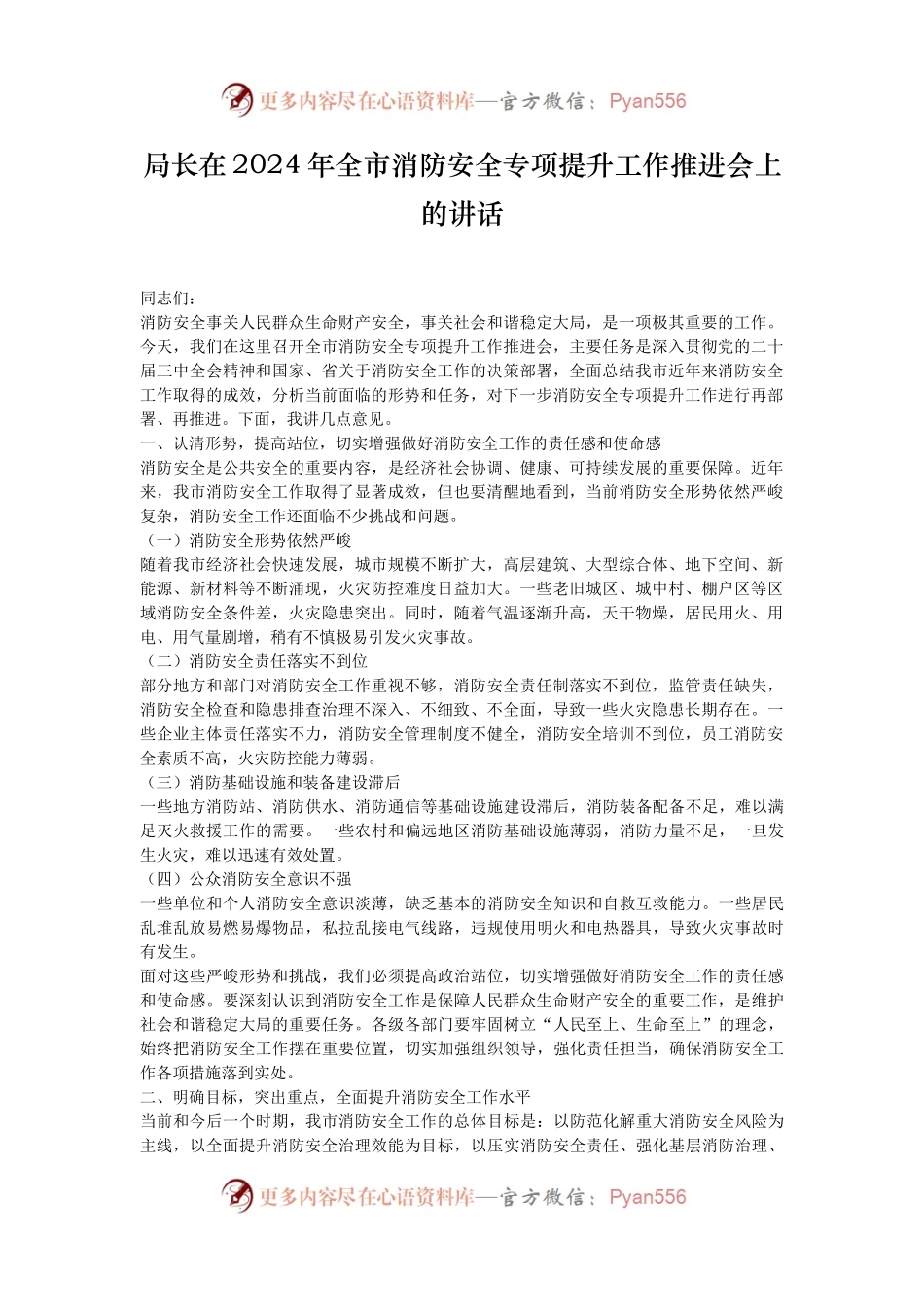 局长在2024年全市消防安全专项提升工作推进会上的讲话.docx_第1页