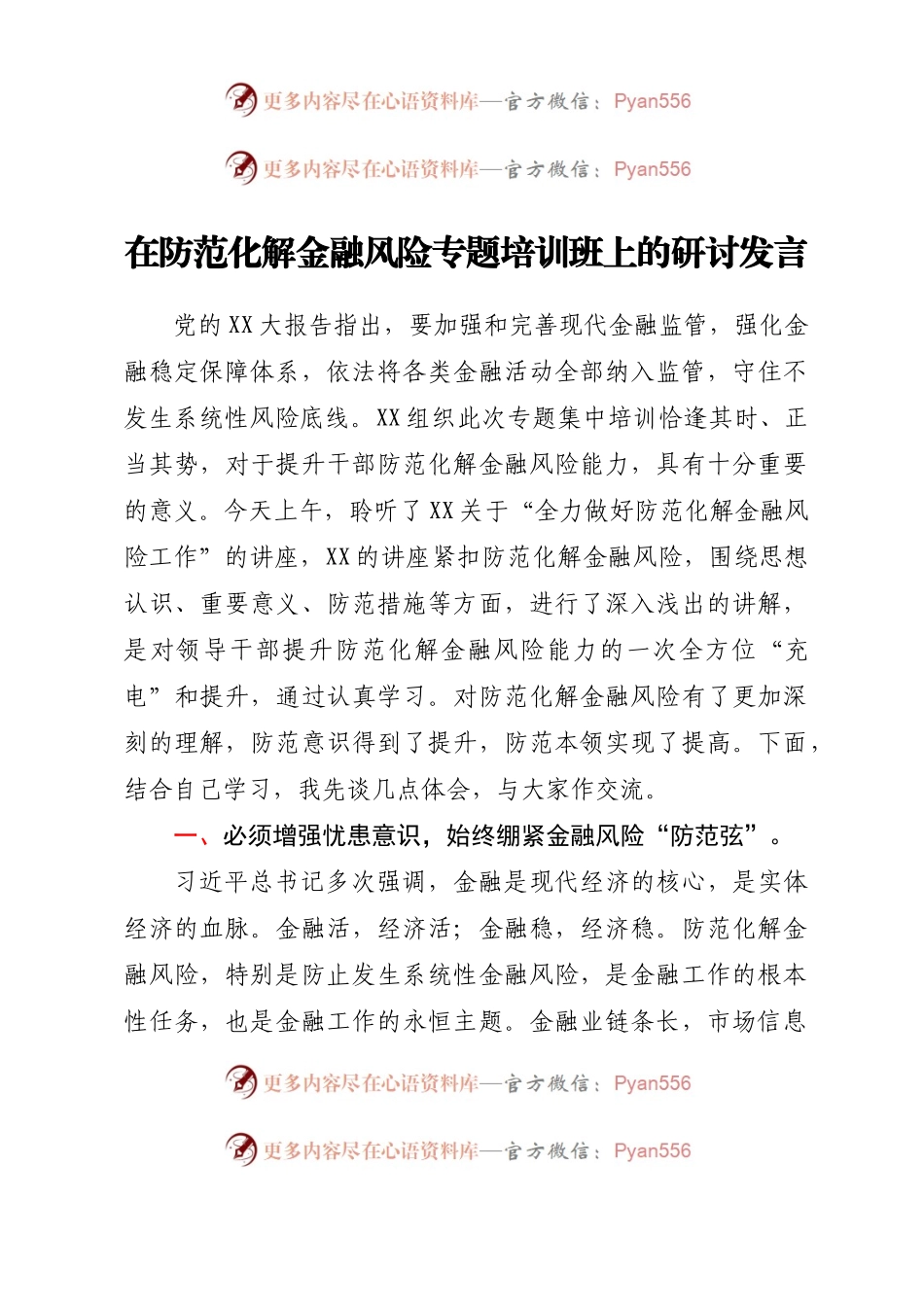在防范化解金融风险专题培训班上的研讨发言.docx_第1页