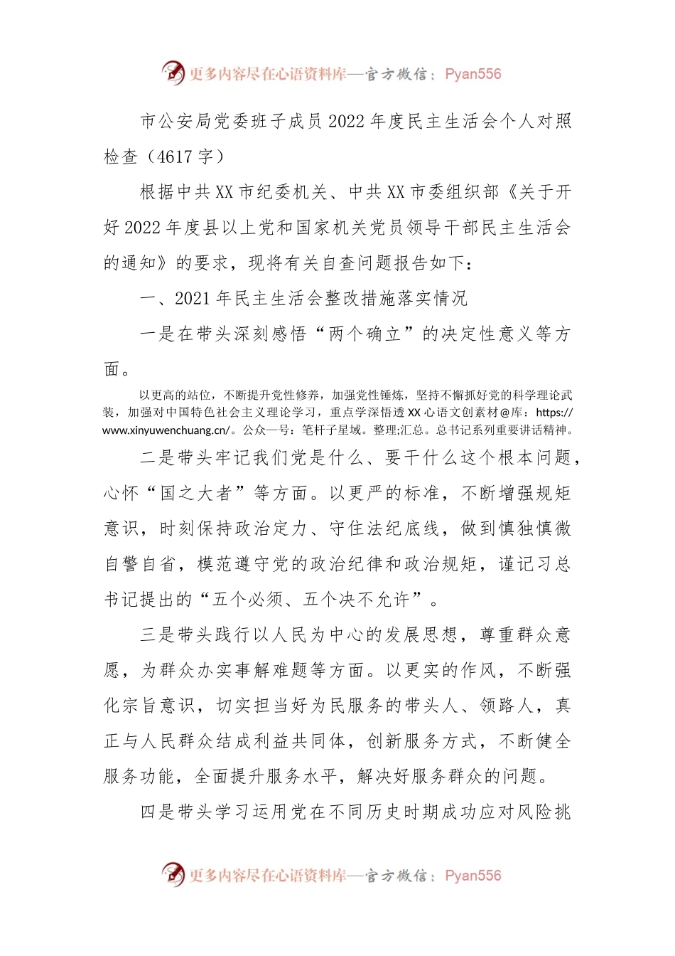 市公安局党委班子成员2022年度民主生活会个人对照检查.docx_第1页