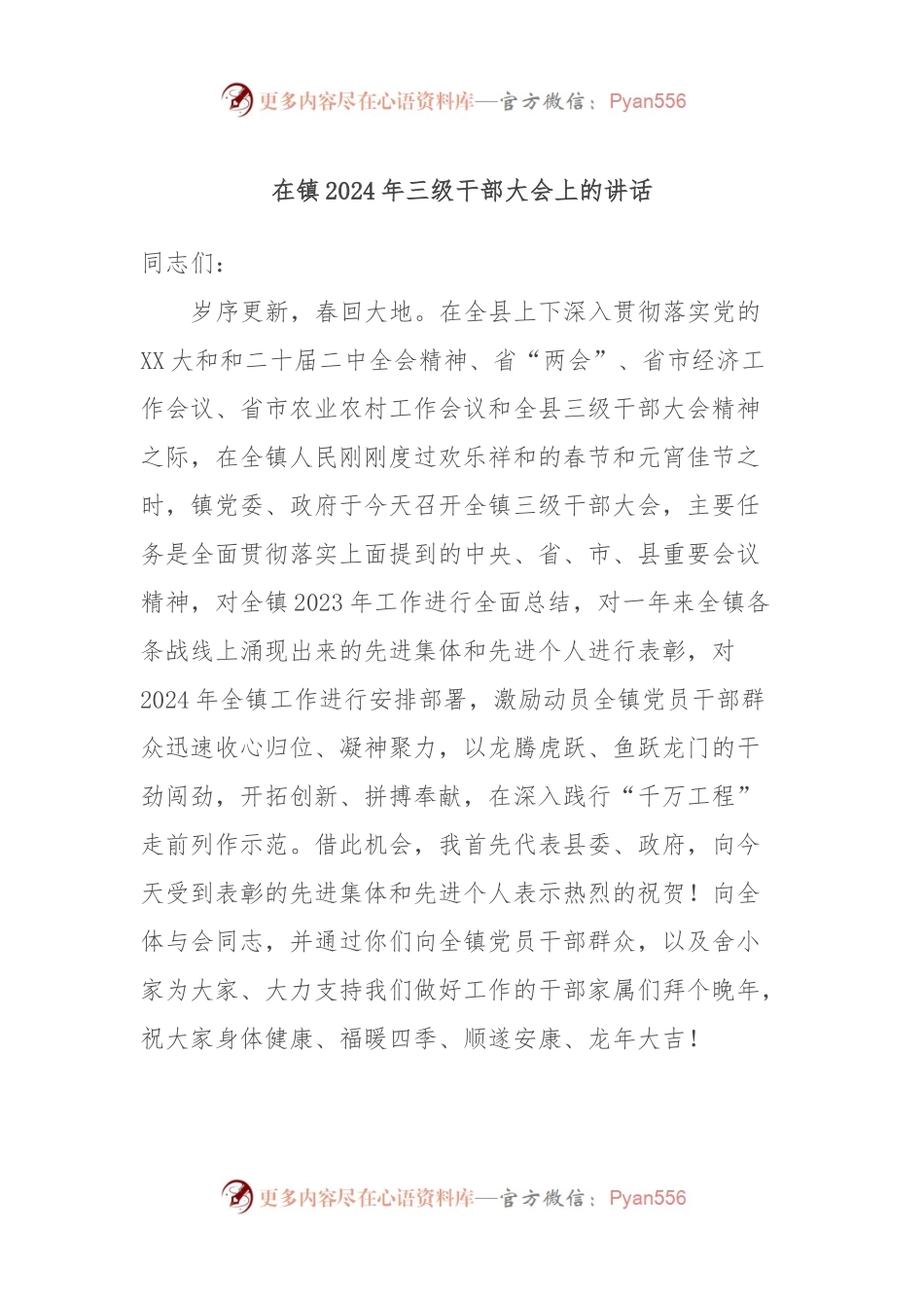 在镇2024年三级干部大会上的讲话稿.docx_第1页