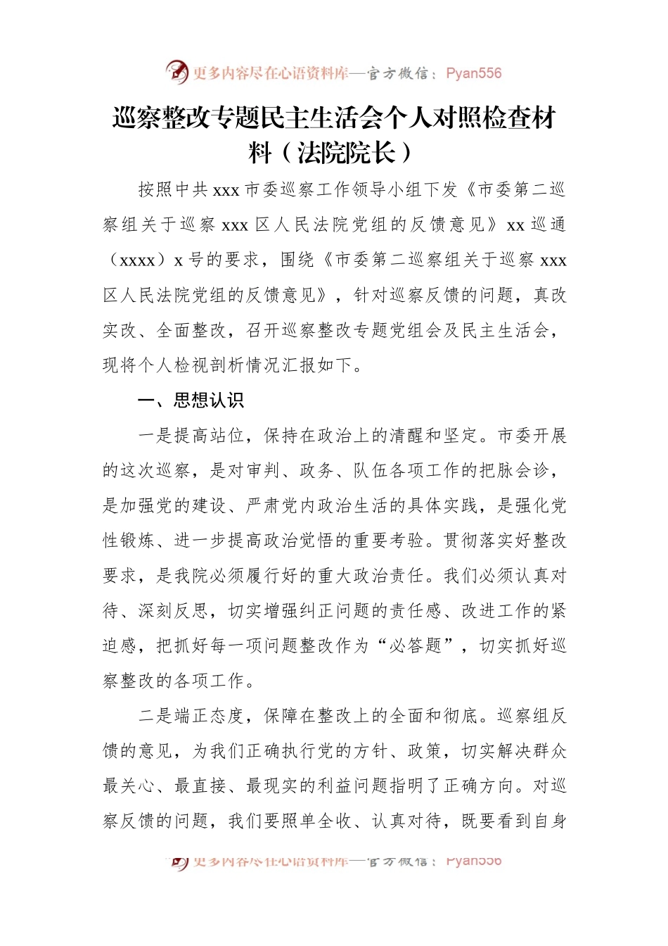 巡察整改专题民主生活会个人对照检查材料（法院院长）.docx_第1页