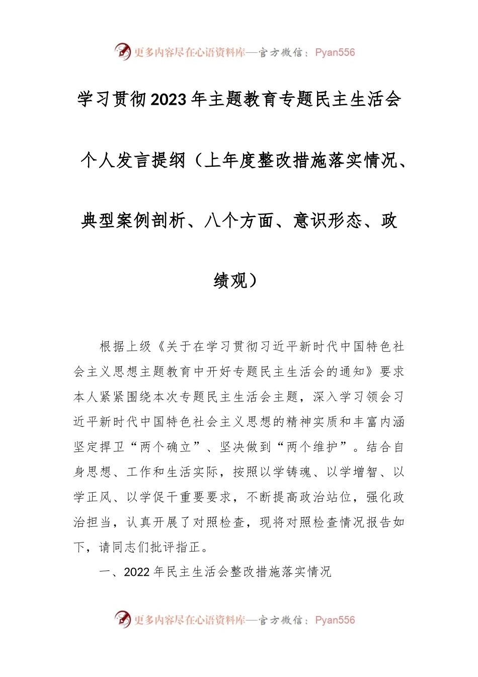 学习贯彻2023年主题教育专题民主生活会个人发言稿提纲（上年度整改措施落实情况、典型案例剖析、八个方面、意识形态、政绩观）.docx_第1页