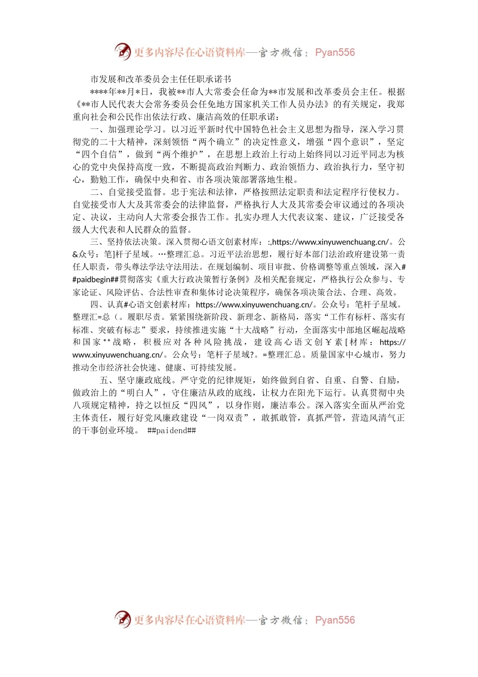 市发展和改革委员会主任任职承诺书.docx_第1页