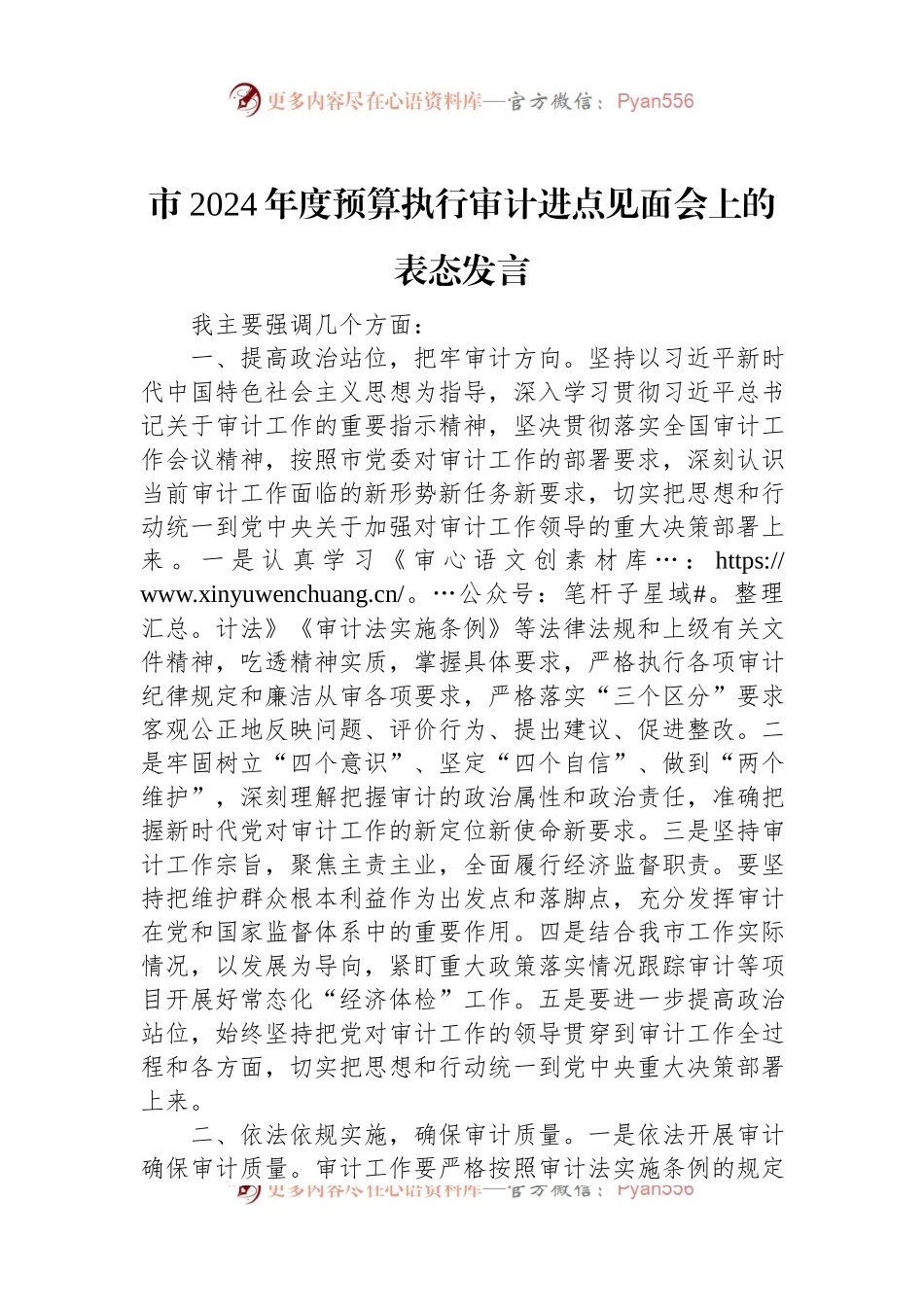 市2024年度预算执行审计进点见面会上的表态发言稿.docx_第1页