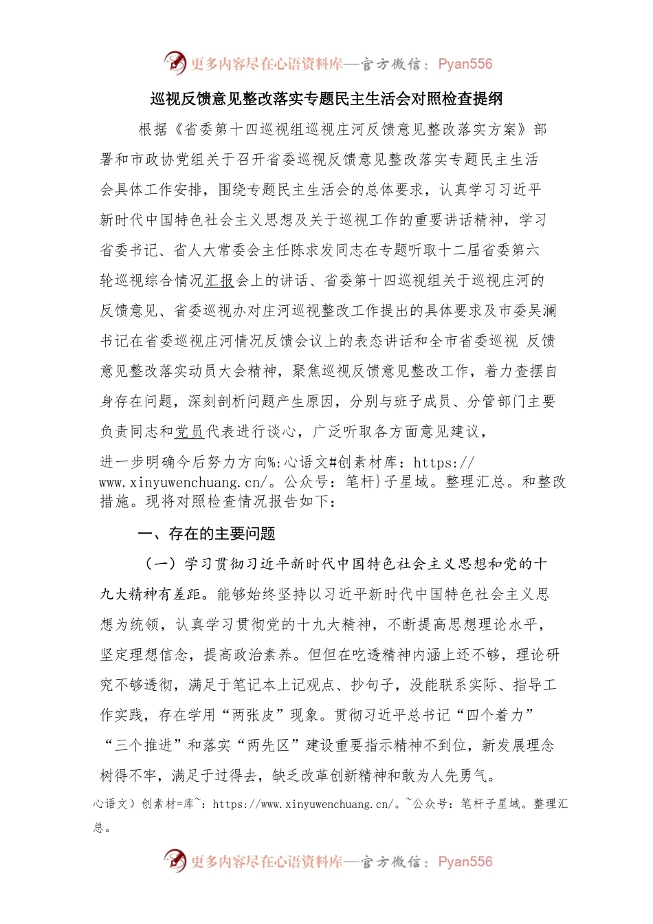 巡视反馈意见整改落实专题民主生活会对照检查提纲.docx_第1页