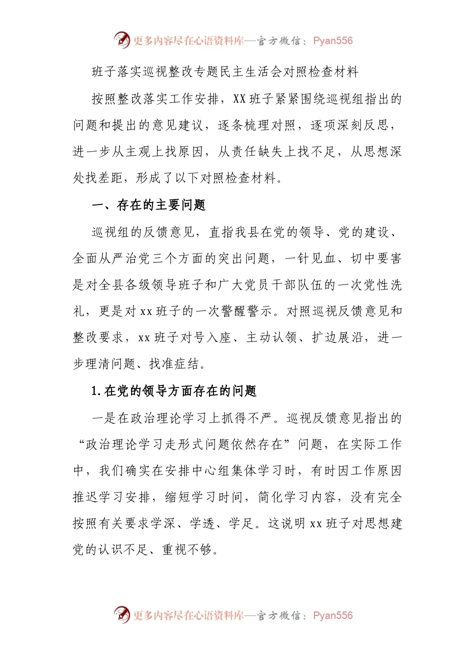 巡视巡察整改专题民主生活会【领导班子】对照检查材料.docx_第1页