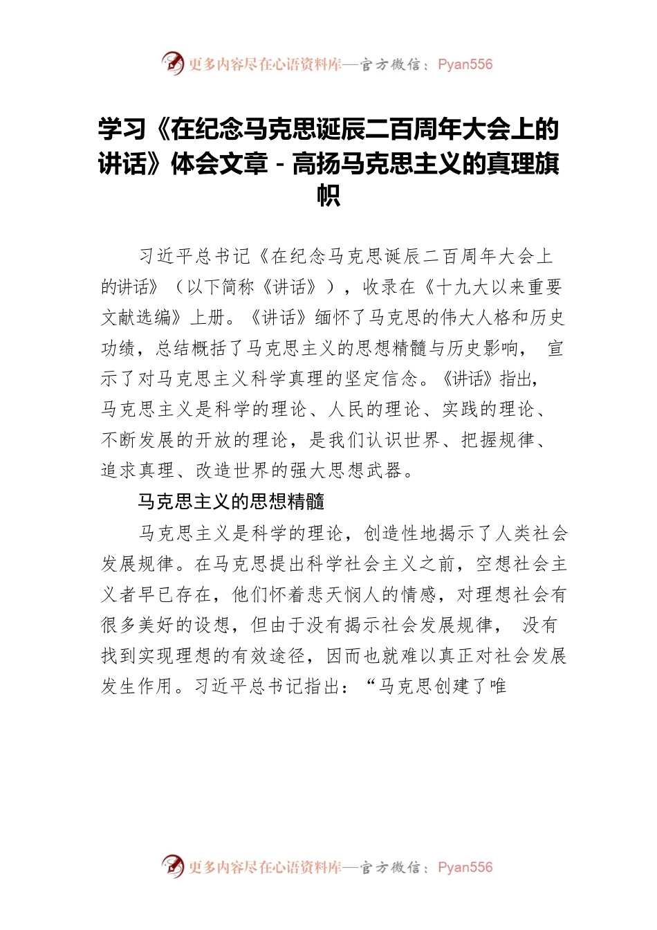 学习《在纪念马克思诞辰二百周年大会上的讲话》体会文章－高扬马克思主义的真理旗帜.docx_第1页