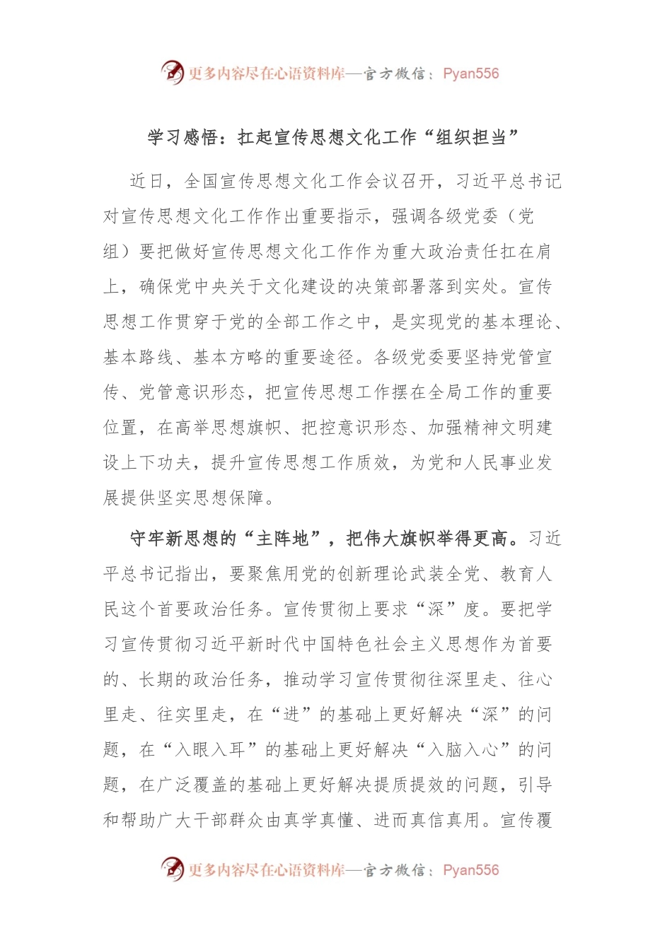 学习感悟：扛起宣传思想文化工作“组织担当”.docx_第1页