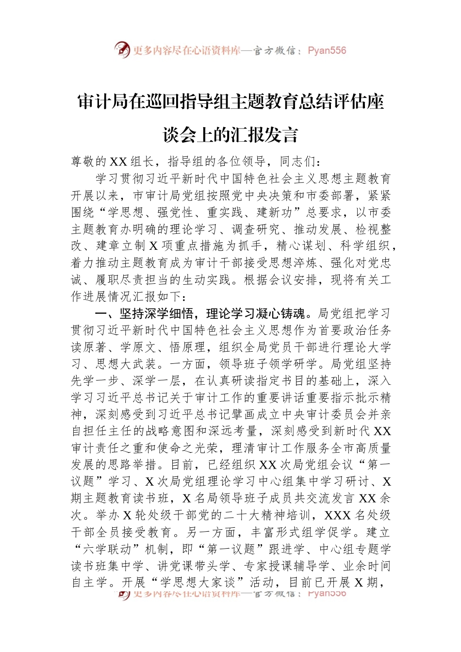 审计局在巡回指导组主题教育总结评估座谈会上的汇报发言.docx_第1页