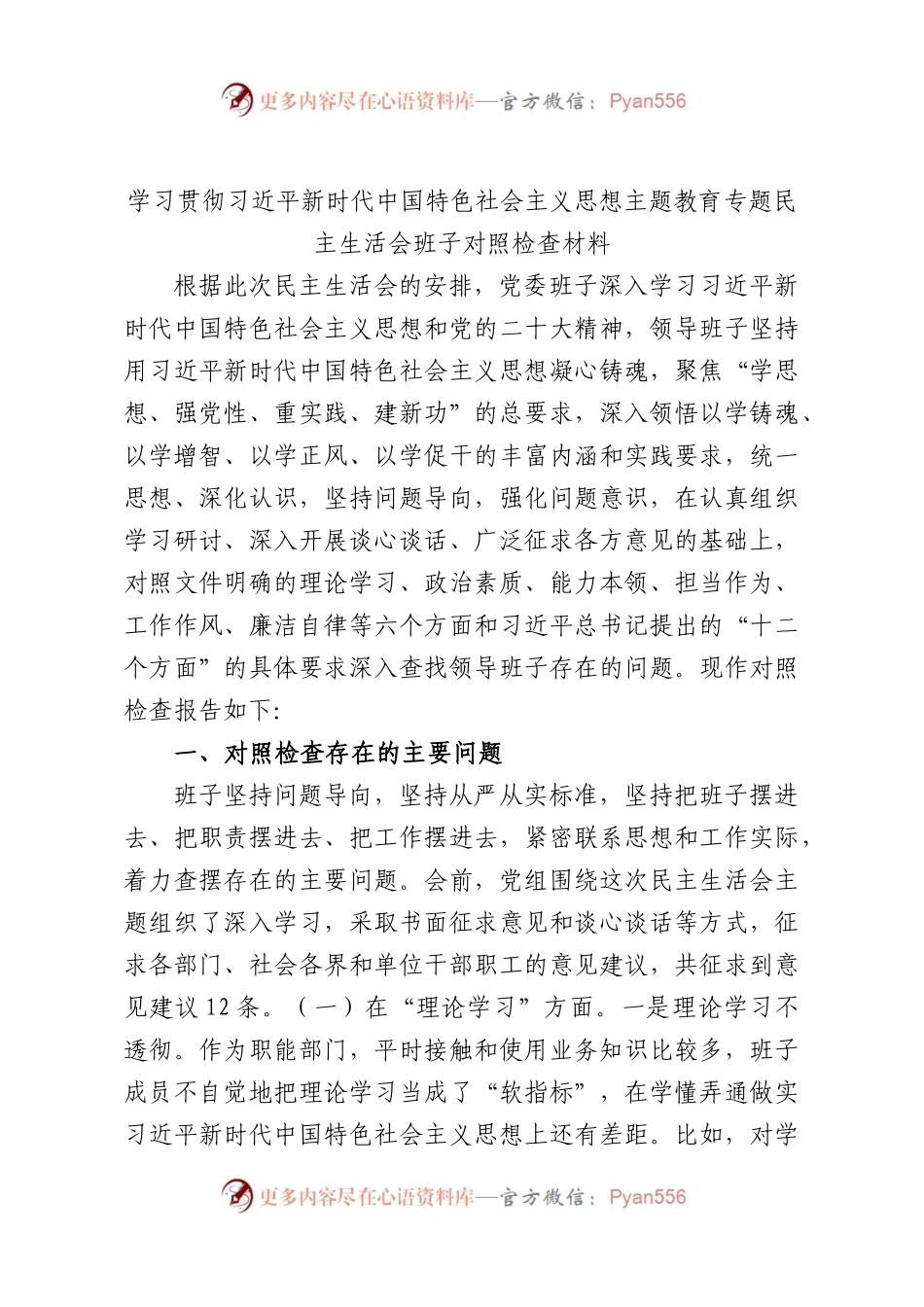 学习贯彻习近平新时代中国特色社会主义思想主题教育专题民主生活会班子对照检查材料（二）.docx_第1页