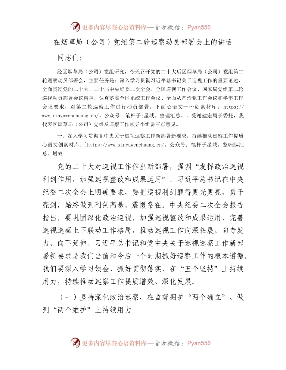 在烟草局（公司）党组第二轮巡察动员部署会上的讲话.docx_第1页