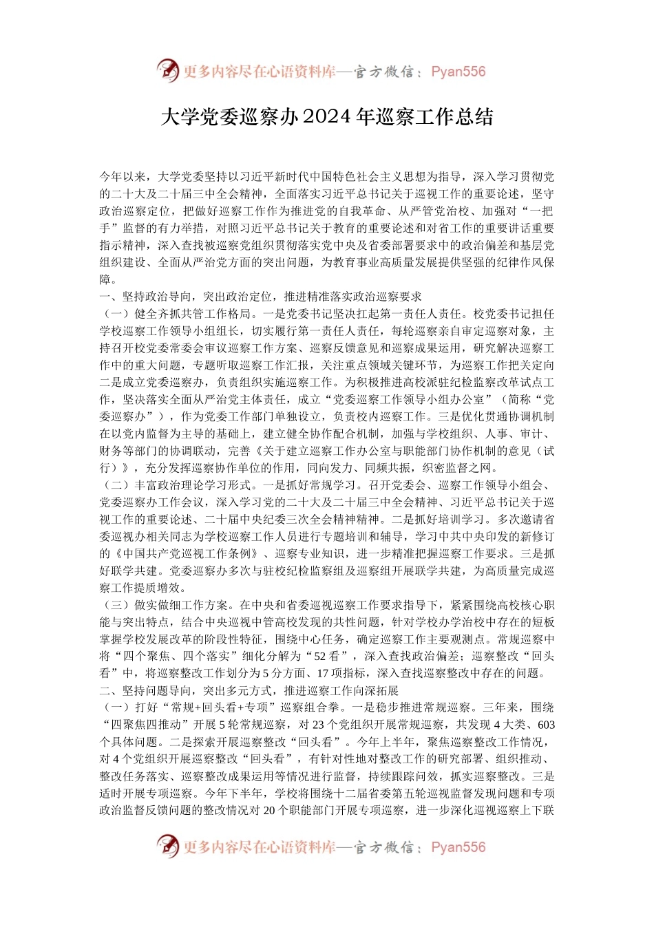 大学党委巡察办2024年巡察工作总结.docx_第1页