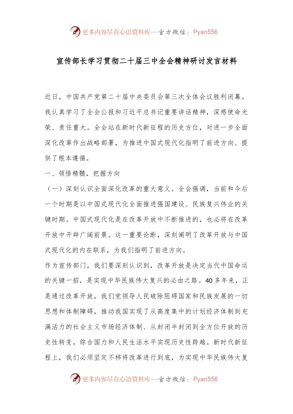 宣传部长学习贯彻二十届三中全会精神研讨发言材料.docx_第1页