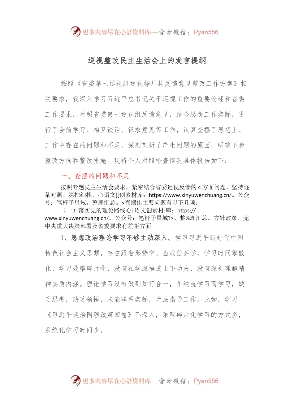 巡视整改民主生活会上的发言提纲.docx_第1页