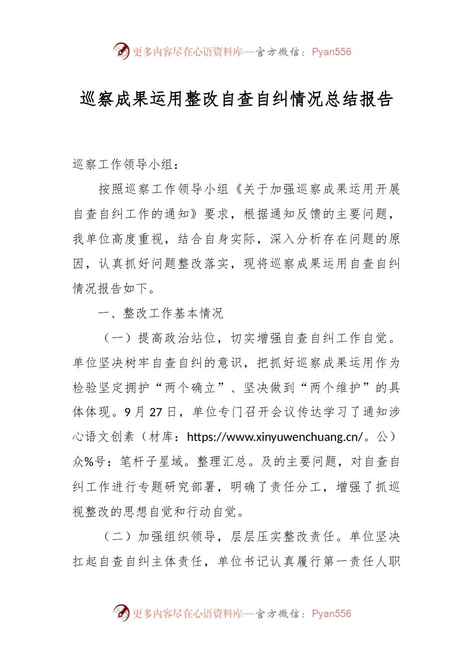 巡察成果运用整改自查自纠情况总结报告.docx_第1页
