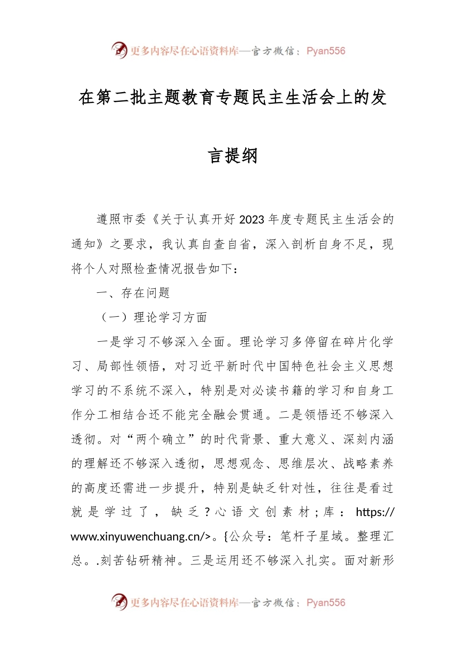 在第二批主题教育专题民主生活会上的发言稿提纲.docx_第1页