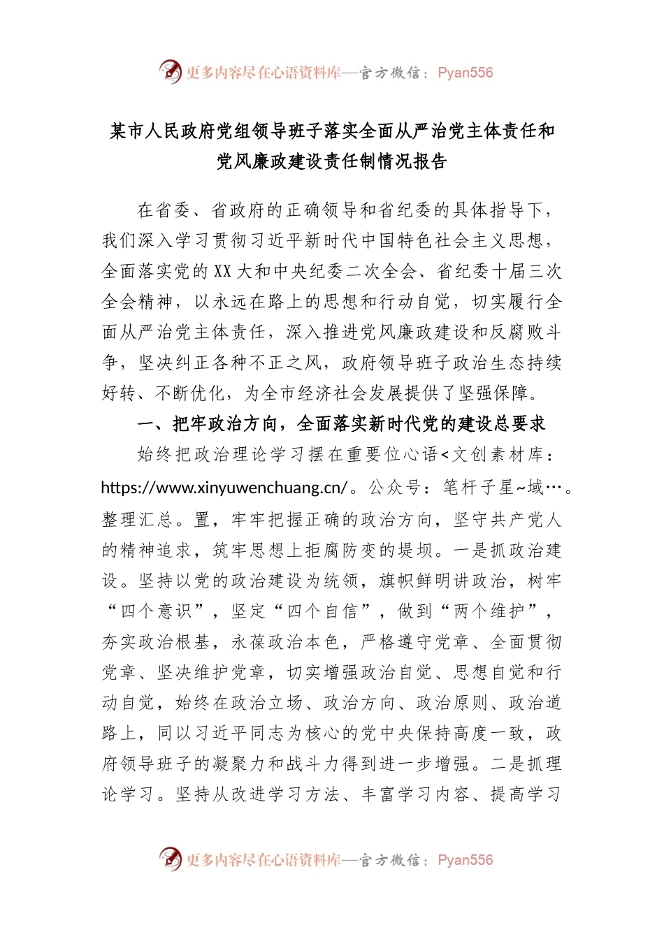 市人民政府党组领导班子落实全面从严治党主体责任和党风廉政建设责任制情况报告.docx_第1页