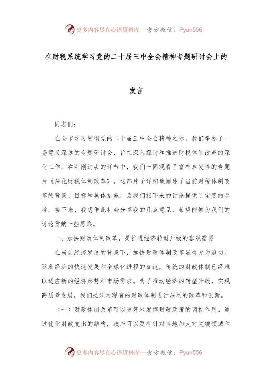 在财税系统学习党的二十届三中全会精神专题研讨会上的发言.docx_第1页