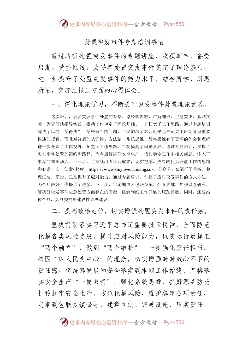 处置突发事件专题培训心得体会发言.docx_第1页