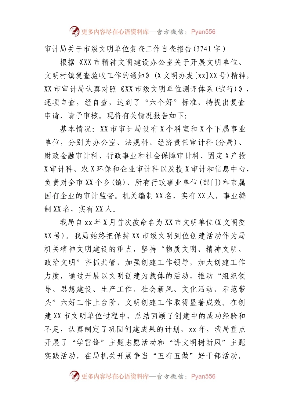 审计局关于市级文明单位复查工作自查报告.docx_第1页