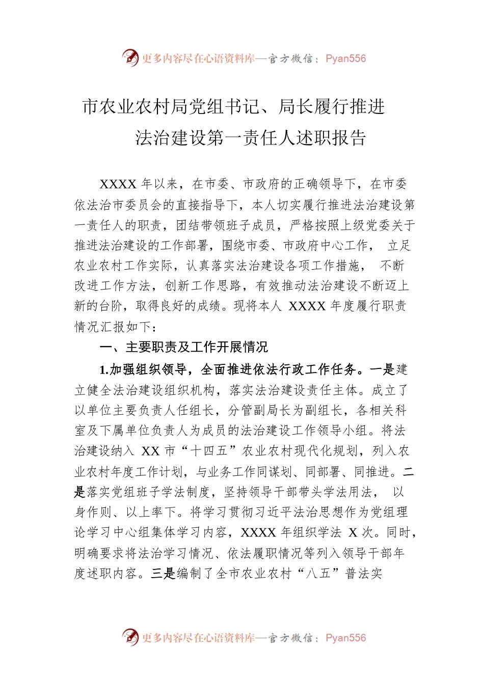 市农业农村局党组书记、局长履行推进法治建设第一责任人述职报告.docx_第1页