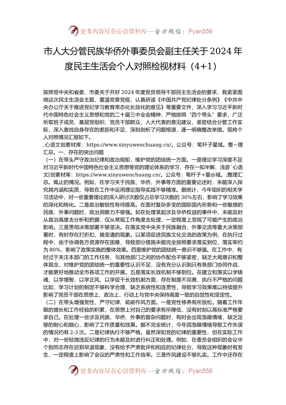 市人大分管民族华侨外事委员会副主任关于2024年度民主生活会个人对照检视材料（4+1）.docx_第1页