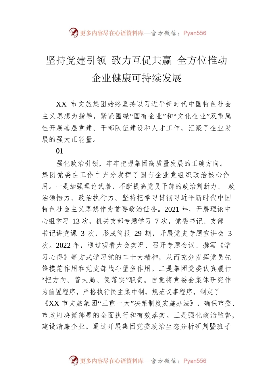 坚持党建引领 致力互促共赢 全方位推动企业健康可持续发展（20230319）.docx_第1页
