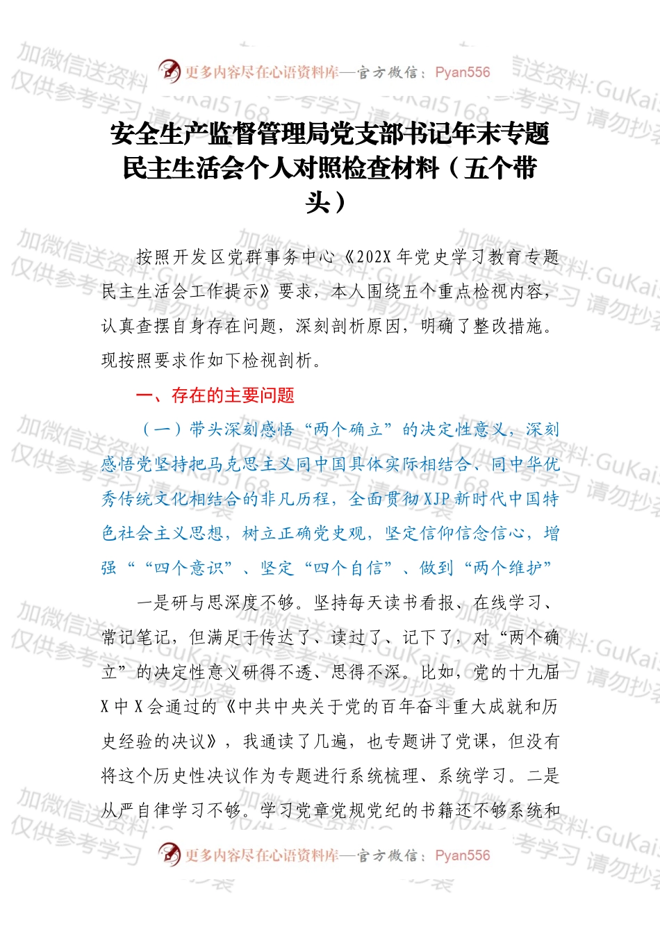 安全生产监督管理局党支部书记年末专题民主生活会个人对照检查材料（五个带头）.docx_第1页