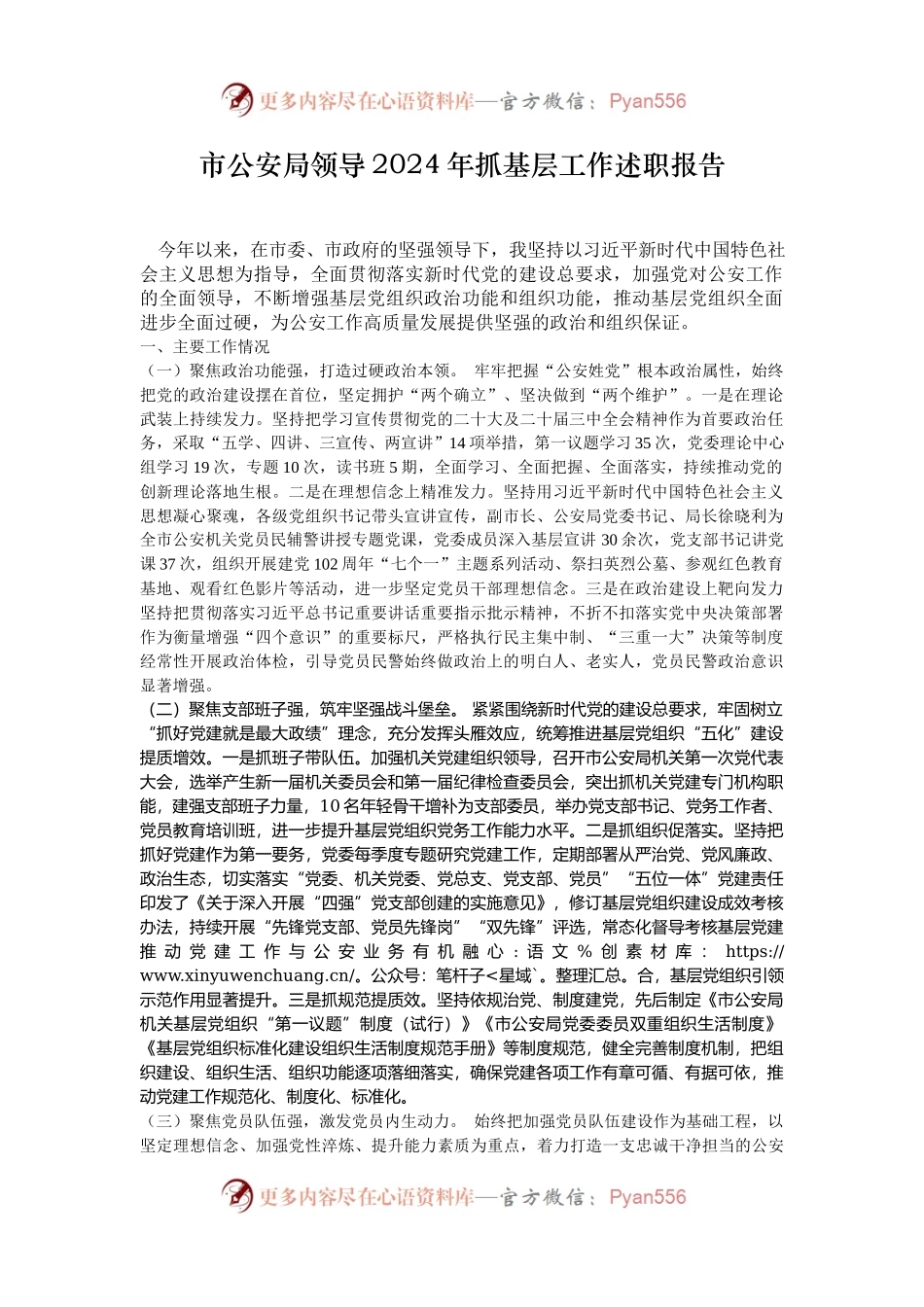 市公安局领导2024年抓基层工作述职报告.docx_第1页