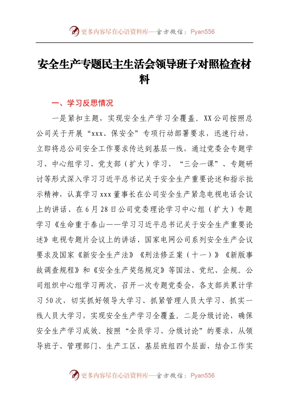 安全生产专题民主生活会领导班子对照检查材料（公司）.docx_第1页