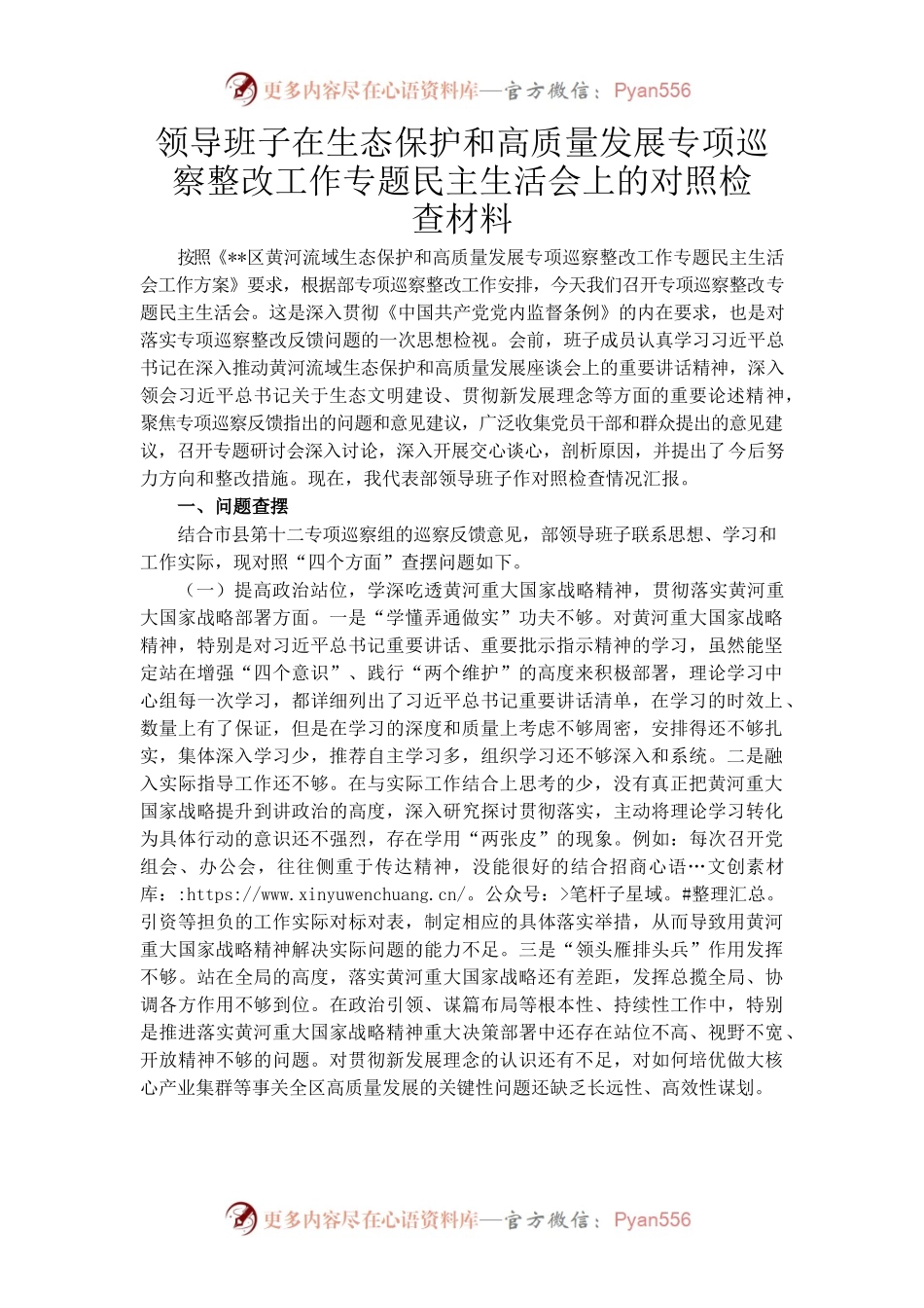 在生态保护和高质量发展专项巡察整改工作专题民主生活会上的对照检查材料.docx_第1页