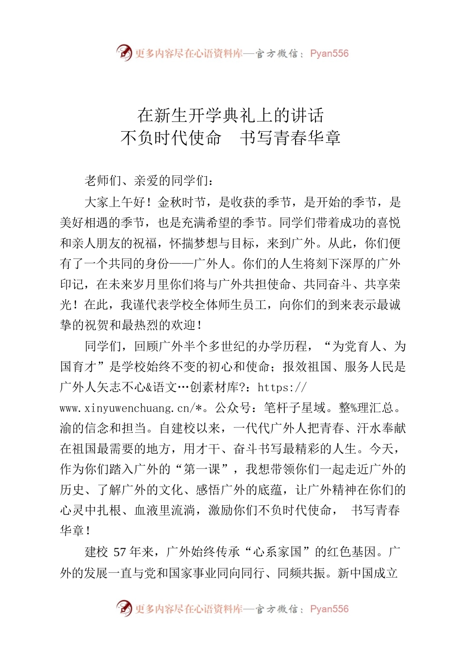 在新生开学典礼上的讲话  不负时代使命  书写青春华章.docx_第1页