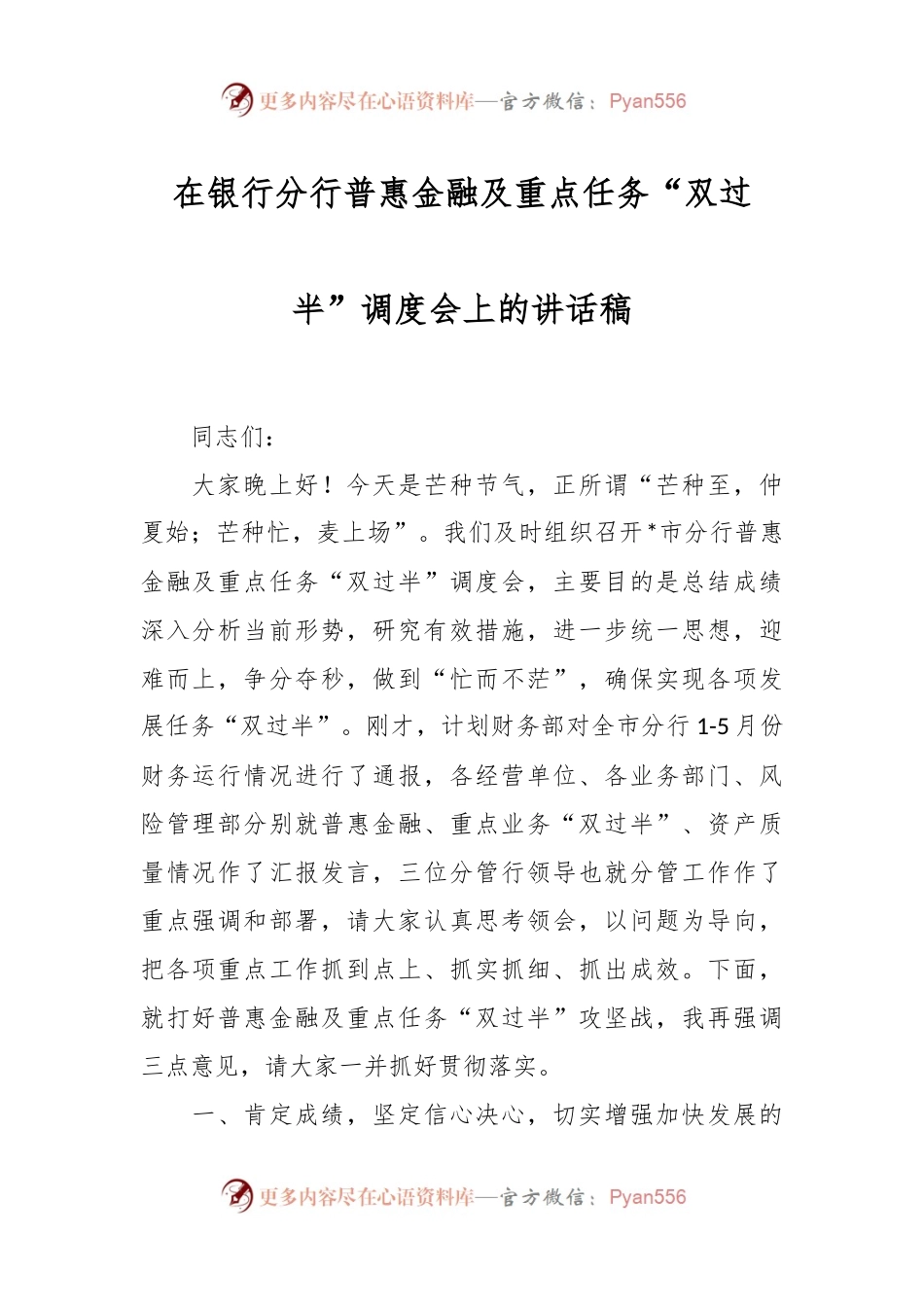 在银行分行普惠金融及重点任务“双过半”调度会上的讲话稿.docx_第1页