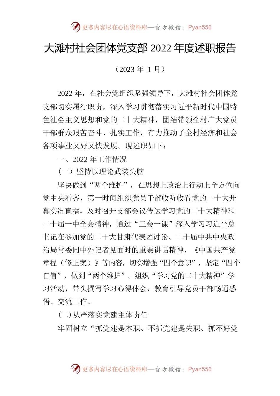 大滩村社会团体党支部2022年度述职报告.docx_第1页
