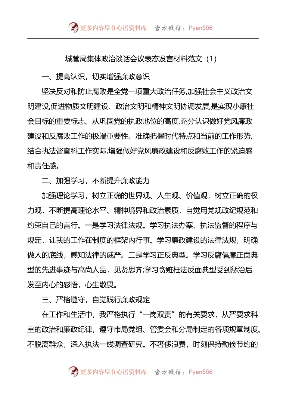 城管局集体政治谈话会议表态发言材料4篇.docx_第1页