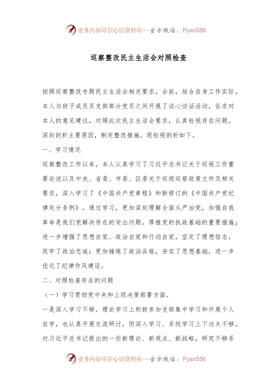 巡察整改民主生活会 对照检查.docx_第1页