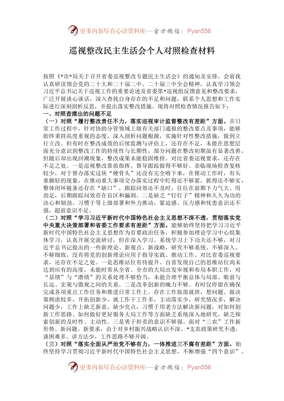 巡视整改民主生活会个人对照检查材料.docx_第1页