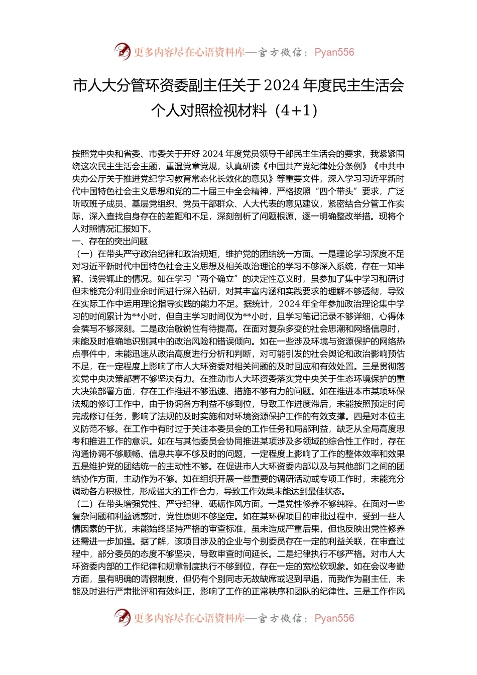 市人大分管环资委副主任关于2024年度民主生活会个人对照检视材料（4+1）.docx_第1页