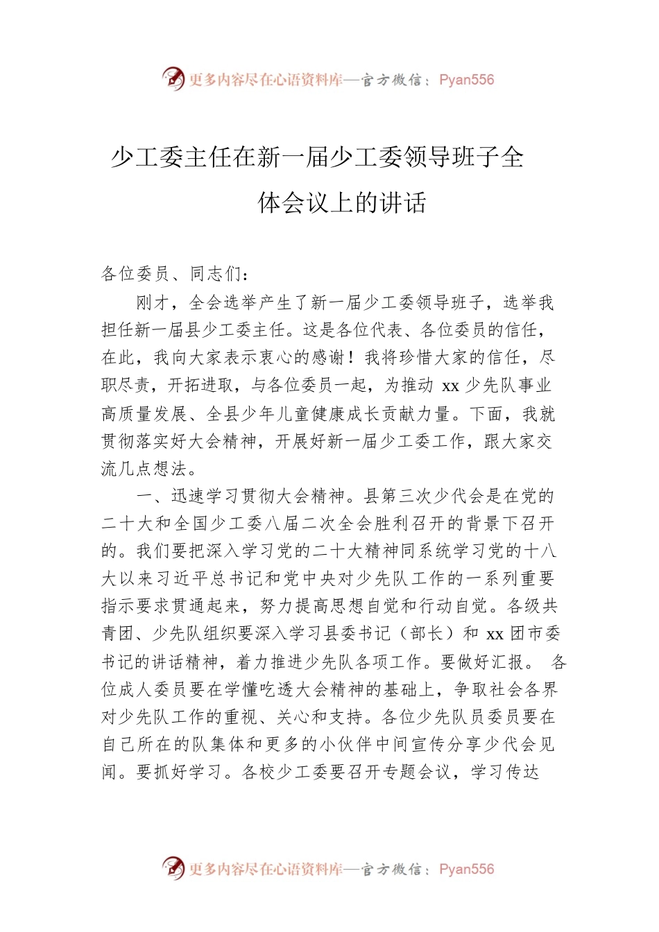 少工委主任在新一届少工委领导班子全体会议上的讲话.docx_第1页