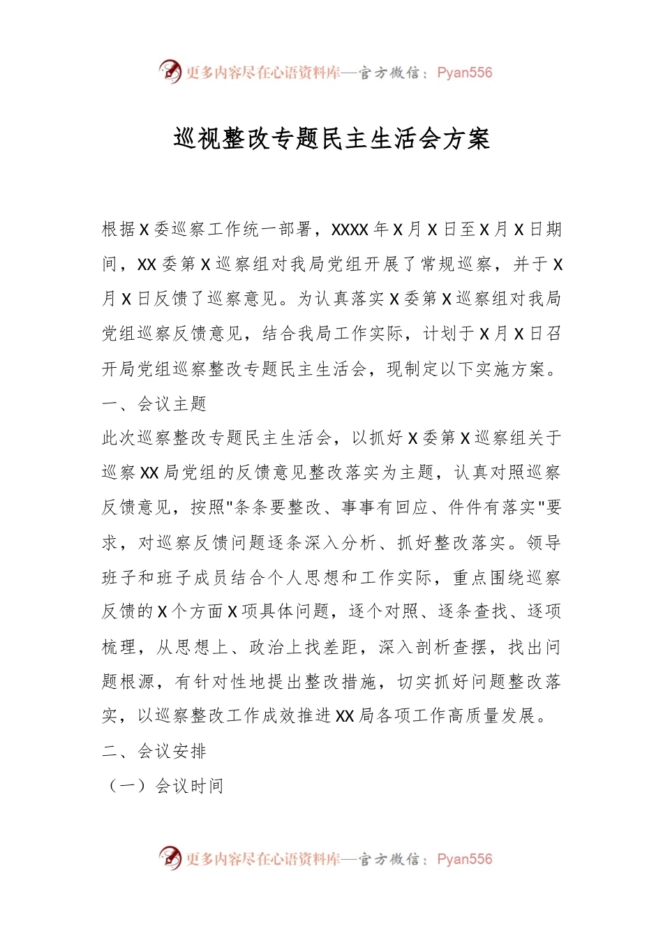 巡视整改专题民主生活会方案.docx_第1页