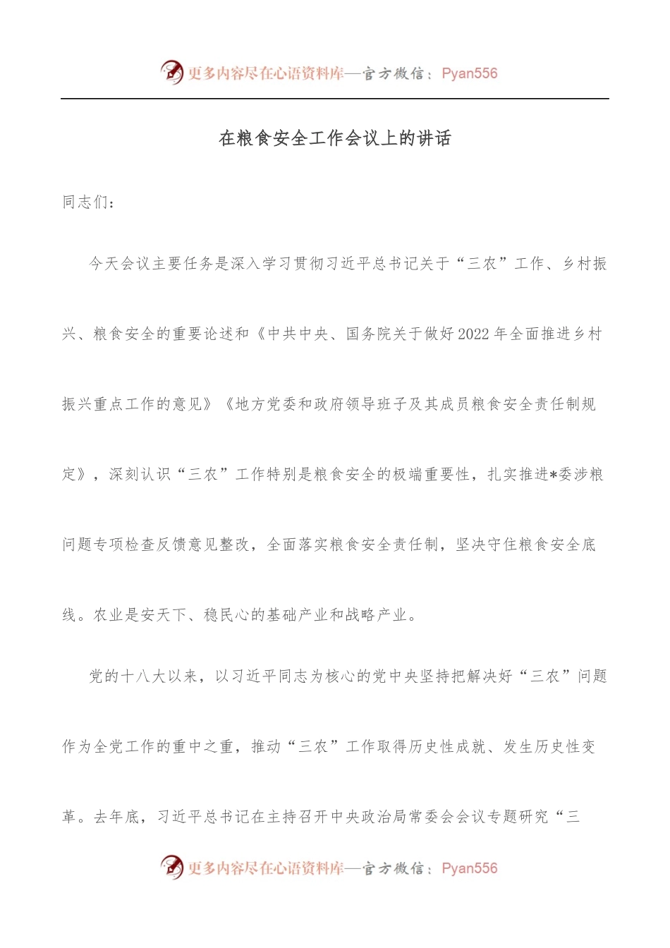 在粮食安全工作会议上的讲话.docx_第1页